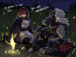 Rule 34 | 1boy, 1girl, armor, brown cloak, brown hair, campfire, cloak, commentary, elden ring, english commentary, english text, fire, highres, hood, hooded cloak, knight, melina (elden ring), night, night sky, one eye closed, outdoors, shaded face, short hair, sitting, sky, talking, tarnished (elden ring), tina fate