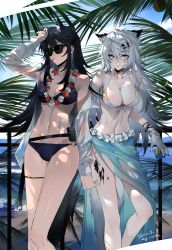 Rule 34 | 2girls, absurdres, alternate costume, animal ears, arknights, bare shoulders, belt, bikini, black belt, black bikini, black hair, breasts, chinese commentary, cleavage, commentary request, dated, feet out of frame, fingerless gloves, gloves, grey eyes, highres, jewelry, lappland (arknights), large breasts, long hair, material growth, meng ziya, multiple girls, navel, necklace, off shoulder, oripathy lesion (arknights), outdoors, palm leaf, stomach, sunglasses, swimsuit, texas (arknights), thighs, very long hair, white bikini, white gloves, white hair, wolf ears