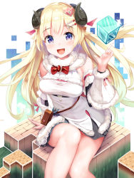 Rule 34 | 1girl, blonde hair, blush, commentary request, cube, detached sleeves, hair between eyes, hair ornament, hairclip, highres, hololive, horns, looking at viewer, minecraft, mogmog, purple eyes, sheep horns, simple background, sitting, solo, tsunomaki watame, tsunomaki watame (1st costume), virtual youtuber