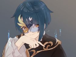 Rule 34 | 1boy, blue hair, closed mouth, frilled sleeves, frills, genshin impact, grey background, highres, long sleeves, male focus, mask, signature, simple background, solo, tenchou (sakai), upper body, xingqiu (genshin impact), yellow eyes