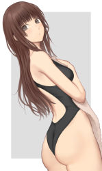 Rule 34 | 1girl, amagami, ass, blunt bangs, border, breasts, brown eyes, brown hair, commentary request, competition swimsuit, cowboy shot, from behind, grey background, highres, holding, holding towel, kamizaki risa, long hair, looking at viewer, one-piece swimsuit, serizawa (serizawaroom), small breasts, solo, swimsuit, towel, two-tone background, white border
