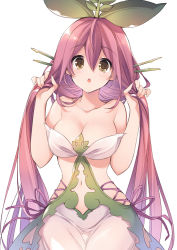 Rule 34 | 1girl, :o, bare arms, bare shoulders, blush, breasts, brown eyes, bunching hair, cleavage, collarbone, cowboy shot, granblue fantasy, hair between eyes, hands up, large breasts, leaf, long hair, looking at viewer, mizuno sao, monster girl, navel, open mouth, plant girl, purple hair, revealing clothes, simple background, solo, standing, twintails, very long hair, white background, yggdrasil (granblue fantasy)