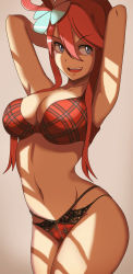 Rule 34 | 1girl, :d, arms up, bikini, blue eyes, breasts, cleavage, creatures (company), game freak, gym leader, hair ornament, highres, large breasts, lingerie, nintendo, open mouth, plaid, plaid bikini, pokemon, pokemon bw, red hair, ribbon, simple background, skyla (pokemon), smile, solo, swimsuit, teeth, underwear, vivivoovoo