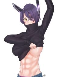Rule 34 | 10s, 1girl, abs, amino (tn7135), bad id, bad pixiv id, breasts, dressing, eyepatch, female focus, kantai collection, large breasts, midriff, muscular, muscular female, navel, no bra, panties, pink panties, purple hair, short hair, simple background, solo, tenryuu (kancolle), turtleneck, underwear, upper body, white background, yellow eyes