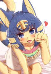 Rule 34 | 1girl, :3, all fours, animal crossing, animal ears, animal nose, ankha (animal crossing), barefoot, bed sheet, blonde hair, blue eyes, blue hair, blunt bangs, blush, bob cut, body fur, breasts, cat ears, cat girl, cat tail, cleavage, clenched hand, dress, egyptian, fang, female focus, furry, furry female, hair ornament, hand up, happy, head tilt, heart, highres, horokusa (korai), large breasts, looking at viewer, matching hair/eyes, multicolored hair, nintendo, open mouth, paw pose, short hair, sidelocks, simple background, sleeveless, sleeveless dress, smile, snake hair ornament, solo, striped tail, tail, tail raised, two-tone hair, white background, white dress, yellow fur