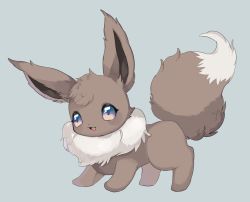 Rule 34 | :3, animal focus, blue background, blue eyes, blush, blush stickers, creatures (company), eevee, fluffy, from side, full body, fur collar, game freak, gen 1 pokemon, happy, highres, light blush, merino (merino 9999), multicolored eyes, nintendo, no humans, open mouth, pokemon, pokemon (creature), simple background, smile, solo, standing, yellow eyes
