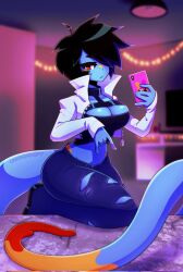 Rule 34 | 1girl, black hair, black tank top, blue skin, blurry, blurry background, breasts, cleavage, cleavage cutout, closed mouth, clothing cutout, colored skin, cowboy shot, denim, hair over one eye, highres, holding, holding phone, indoors, jacket, jeans, large breasts, long sleeves, midriff, navel, original, pants, phone, red eyes, rikki (unknownspy), short hair, solo, tail, tank top, torn clothes, torn jeans, torn pants, unknownspy, white jacket