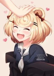 Rule 34 | 1girl, :d, ^ ^, animal ears, ardenlolo, arknights, artist name, bear ears, beige background, black jacket, blonde hair, blush, candy hair ornament, closed eyes, commentary, fang, food-themed hair ornament, gummy (arknights), hair ornament, hairclip, headpat, heart, jacket, off shoulder, open mouth, paid reward available, sailor collar, short hair, simple background, smile, solo focus, twitter logo, upper body, white sailor collar