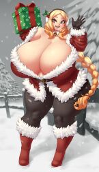 Rule 34 | 1girl, absurdres, ankle boots, arina, black leggings, blonde hair, blush stickers, boots, braid, breasts, brown eyes, cleavage, dotil, full body, fur trim, gigantic breasts, gloves, grey sky, hairband, highres, jacket, leggings, long hair, long sleeves, looking at viewer, no bra, off shoulder, open mouth, original, outdoors, parted bangs, pine tree, plump, red footwear, red gloves, red jacket, sky, smile, snow, snowing, solo, standing, table, teeth, thick thighs, thighs, tree, wide hips, wooden table