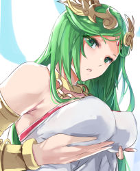 Rule 34 | 1girl, :o, ancient greek clothes, armlet, armpits, bare shoulders, bracer, breast hold, breasts, chiton, circlet, collar, covered erect nipples, dress, green eyes, green hair, highres, kid icarus, large breasts, long hair, looking at viewer, nintendo, open mouth, palutena, parted bangs, solo, strapless, strapless dress, super smash bros., tomas (kaosu22), upper body, white dress