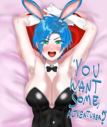 Rule 34 | 1girl, absurdres, alternate breast size, animal ear fluff, animal ears, armpit crease, armpit stubble, armpits, arms up, bed, bedroom, black bow, black leotard, blue hair, blue nail polish, blue nails, blush, bow, bowtie, breasts, chinese zodiac, cleavage, covered navel, detached collar, detached sleeves, eddarxart, english text, eyes visible through hair, fanservice, from above, furrowed brow, genderswap, genderswap (mtf), green eyes, half-closed eyes, heart symbol, highres, holostars, holostars english, holotempus, ice, in bed, large breasts, leotard, lying, nail polish, on back, open mouth, playboy bunny, rabbit ears, regis altare, solo, solo focus, strapless, strapless leotard, teasing, tomboy, upper body, virtual youtuber, year of the rabbit, yes-no pillow