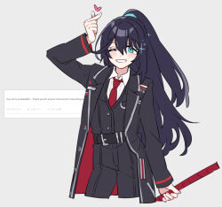Rule 34 | 1boy, belt, black belt, black coat, black hair, black pants, black vest, blush, coat, collared shirt, finger heart, grin, half updo, hand up, highres, holding, holding weapon, hong lu (project moon), limbus company, long hair, looking at viewer, necktie, one eye closed, pants, project moon, red necktie, shiki (shikki46), shirt, smile, solo, very long hair, vest, weapon, white shirt, wing collar