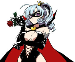 Rule 34 | 10s, 1girl, ahoge, arsene, bad id, bad pixiv id, bare shoulders, black gloves, blue hair, breasts, cape, cleavage, clothing cutout, cross-laced clothes, cross-laced cutout, crown, domino mask, elbow gloves, flower, gloves, heart, henriette mystere, large breasts, looking at viewer, mask, mini crown, purple eyes, rose, saiko dagashi, short hair, side ponytail, simple background, solo, tantei opera milky holmes, white background