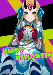 Rule 34 | 1girl, absurdres, alice (alice in wonderland), alice (alice in wonderland) (cosplay), alice in wonderland, apron, black ribbon, blonde hair, blue dress, blue ribbon, chain, cosplay, dress, facial mark, fate/grand order, fate (series), forehead mark, frilled apron, frilled sleeves, frills, hair ribbon, happy halloween, highres, holding, holding pocket watch, horns, ibaraki douji (fate), legs apart, long hair, looking at viewer, multicolored background, neck ribbon, oni, oni horns, oversized object, pantyhose, pocket watch, puffy short sleeves, puffy sleeves, ribbon, short sleeves, sidelocks, sitting, smile, solo, striped clothes, striped pantyhose, tappy, tattoo, watch, yellow eyes