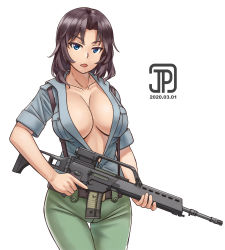 Rule 34 | 1girl, 2020, aoshidan school uniform, artist name, assault rifle, blue eyes, breast pocket, breasts, breasts apart, brown hair, dated, el (girls und panzer), girls und panzer, green pants, gun, gun sling, h&amp;k g36, highres, jpc, large breasts, no bra, open clothes, open mouth, open shirt, pants, pocket, rifle, school uniform, short hair, sleeves rolled up, solo, thigh gap, weapon, white background