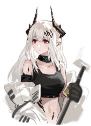 Rule 34 | 1girl, arknights, black gloves, cropped torso, gloves, hammer, highres, horns, long hair, looking away, material growth, midriff, mudrock (arknights), mudrock (elite ii) (arknights), off shoulder, oripathy lesion (arknights), parted lips, pointy ears, red eyes, simple background, sledgehammer, solo, sowb, tank top, white background, white hair