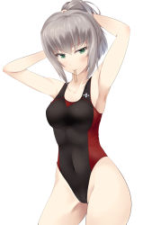 Rule 34 | 10s, 1girl, adjusting hair, armpits, arms up, bad id, bad pixiv id, competition swimsuit, covered navel, cowboy shot, girls und panzer, green eyes, hair tie, hair up, highres, itsumi erika, mouth hold, nksk, one-piece swimsuit, ponytail, rubber band, short hair, silver hair, solo, standing, swimsuit, tying hair