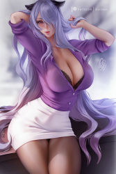 Rule 34 | 1girl, alternate costume, arm behind head, arms up, black panties, black pantyhose, breasts, camilla (fire emblem), cleavage, closed mouth, collared shirt, commentary, english commentary, eyes visible through hair, fire emblem, fire emblem fates, hair over one eye, hand in own hair, large breasts, long hair, looking at viewer, nail polish, nintendo, office lady, olchas, panties, pantyhose, partially unbuttoned, patreon logo, patreon username, pencil skirt, purple eyes, purple hair, purple shirt, shirt, shirt tucked in, sitting, skirt, smile, solo, thighs, underwear, very long hair, white shirt