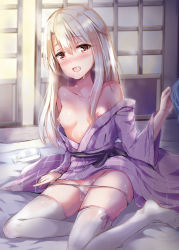 Rule 34 | 1girl, :o, blush, breasts, brown eyes, drooling, fate/kaleid liner prisma illya, fate (series), feet, hair between eyes, highres, illyasviel von einzbern, indoors, japanese clothes, kimono, konka, long hair, looking at viewer, nipples, no shoes, nose blush, obi, open mouth, panties, panty pull, parted lips, purple kimono, saliva, sash, sidelocks, silver hair, sliding doors, small breasts, solo, sweat, tatami, thighhighs, underwear, white panties, white thighhighs, yukata