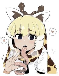 Rule 34 | 1girl, animal ears, animal print, blonde hair, blouse, blue eyes, commentary request, fellatio gesture, giraffe ears, giraffe horns, giraffe print, gradient hair, heart, horns, kemono friends, long tongue, multicolored hair, prehensile tongue, print scarf, r-one, reticulated giraffe (kemono friends), saliva, saliva trail, scarf, sexually suggestive, shirt, short sleeves, simple background, solo, spoken heart, tongue, tongue out, upper body, white background, white shirt