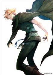 Rule 34 | 10s, 1boy, bandages, belt, black gloves, blonde hair, boots, brown footwear, cape, closed mouth, cropped legs, fate/extra, fate (series), fingerless gloves, gloves, green cape, green eyes, green pants, green shirt, k-suwabe, knee boots, looking at viewer, male focus, pants, robin hood (fate), shirt, simple background, single glove, solo, twitter username, white background