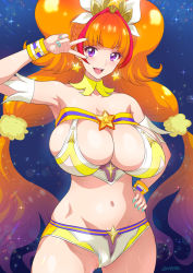Rule 34 | 1girl, amanogawa kirara, artist name, blue nails, breasts, cleavage, cure twinkle, go! princess precure, hand on own hip, highres, joy ride, large breasts, long hair, nail polish, navel, open mouth, orange hair, precure, purple eyes, signature, solo, twintails, v, very long hair