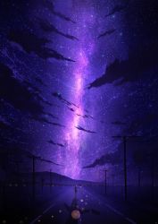 Rule 34 | 1girl, absurdres, city lights, cloud, dress, from behind, hands up, highres, lamppost, long sleeves, night, night sky, original, outdoors, road, scenery, sign, sky, skyrick9413, star (sky), starry sky, utility pole, walking
