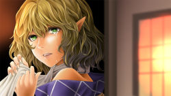 Rule 34 | 1girl, arkatopia, blonde hair, crying, crying with eyes open, eyelashes, fingernails, from side, green eyes, indoors, lips, looking at viewer, looking to the side, mizuhashi parsee, off shoulder, open mouth, pointy ears, portrait, room, scarf, short hair, single tear, solo, streaming tears, sun, sunset, tears, teeth, touhou, wavy hair, window