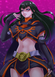 Rule 34 | 1girl, absurdres, black cape, black gloves, black hair, black sclera, black shorts, cape, card, carly nagisa, colored sclera, corruption, cowboy shot, crop top, dual persona, elbow gloves, facial mark, fingerless gloves, floating hair, gloves, gradient background, highres, holding, holding card, long hair, looking at viewer, midriff, muto dt, navel, pink background, purple background, purple eyes, short shorts, shorts, solo, standing, stomach, very long hair, waist cape, yu-gi-oh!, yu-gi-oh! 5d&#039;s