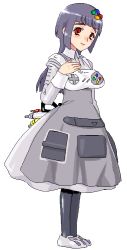 Rule 34 | 1girl, blush, console, controller, dress, female focus, game console, game controller, grey hair, hair ornament, mascot, nintendo, oekaki, pantyhose, personification, product girl, red eyes, sfc-tan, sfctan, simple background, smile, solo, super famicom, white background