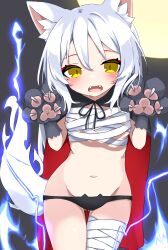 Rule 34 | 1girl, absurdres, animal ear fluff, animal ears, animal hands, bandaged leg, bandages, black cape, black panties, breasts, cape, cat ear panties, character request, claw pose, commission, copyright request, dog ears, dog girl, dog tail, fangs, gloves, halloween costume, highres, long hair, looking at viewer, navel, panties, paw gloves, pixiv commission, sarashi, shiren (utumu), small breasts, stomach, tail, underwear, white hair