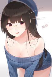 Rule 34 | 10s, 1girl, 2016, :d, absurdres, bare shoulders, bent over, beret, black hair, blue hat, blue sweater, blush, breasts, brown hair, casual, choukai (kancolle), cleavage, collarbone, cowboy shot, dated, eyebrows, glasses, hat, highres, kantai collection, long hair, long sleeves, looking at viewer, medium breasts, off-shoulder, off-shoulder sweater, off shoulder, open mouth, red eyes, ribbed sweater, rimless eyewear, shade, smile, solo, sweater, twitter username, white background, yukichi (sukiyaki39)