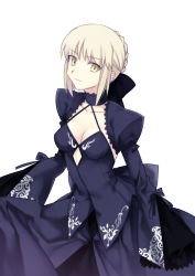 Rule 34 | 1girl, absurdres, aokiku, artoria pendragon (all), artoria pendragon (fate), black dress, blonde hair, braid, breasts, choker, cleavage, dress, fate/stay night, fate (series), highres, looking at viewer, pale skin, saber (fate), saber alter, simple background, sleeves past wrists, solo, yellow eyes