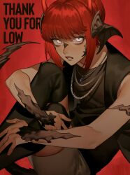 Rule 34 | absurdres, au ra, bare arms, black shirt, black socks, blunt bangs, chain, chain necklace, commission, commissioner name, english text, exposed bone, eyelashes, final fantasy, final fantasy xiv, flat chest, from above, from side, go e 0000, highres, horns, hugging own legs, jewelry, knees up, looking at viewer, looking up, multiple necklaces, necklace, nose, on floor, open clothes, open vest, original, over-kneehighs, parted lips, pendant, red background, red hair, red horns, shirt, short hair, shorts, sidelocks, simple background, sitting, skeb commission, socks, swept bangs, tail, tan, teeth, thank you, thighhighs, vest, white eyes, white shorts