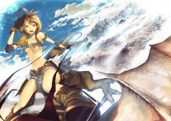Rule 34 | 1girl, bad id, bad pixiv id, breasts, brown hair, cloud, cloudy sky, dragon, flying, gloves, katou taira, mountain, original, riding, sky, solo, underboob