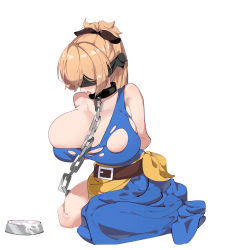 Rule 34 | 1girl, absurdres, alternate breast size, bdsm, belt, black belt, black ribbon, blindfold, blonde hair, blue dress, bondage, bound, breasts, bursting breasts, calpico, chain, cleavage, collar, collarbone, cum, dress, hair ribbon, highres, huge breasts, jewelry, kneeling, leash, menou (virgin road), necklace, no bra, pet play, ponytail, pot, ribb, ribbon, shokei shoujo no virgin road, simple background, slave, thighs, tongue, tongue out, torn clothes, torn dress, white background