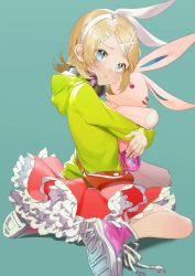 Rule 34 | 1girl, :t, aqua background, blonde hair, blue eyes, button eyes, buttons, flat chest, frilled skirt, frills, frown, green hoodie, hair ornament, hairclip, headphones, headphones around neck, highres, holding, holding stuffed toy, hood, hoodie, hug, kagamine rin, kneeling, looking at viewer, looking back, melancholic (vocaloid), melancholy (module), pink footwear, pink skirt, pink stuffed animal, pout, project diva (series), puffy cheeks, sawashi (ur-sawasi), shoes, short hair, simple background, skirt, sneakers, solo, stuffed animal, stuffed rabbit, stuffed toy, turning head, vocaloid