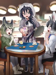 Rule 34 | 3girls, absurdres, black bow, black bowtie, black hair, black mamba (kemono friends), blue bow, blue bowtie, boots, bow, bowtie, brown hair, chair, chinchilla (kemono friends), chinchilla ears, chinchilla girl, chinchilla tail, commentary request, cup, degu (kemono friends), food, fur collar, gloves, green hair, green sweater, grey hair, grey hoodie, grey pantyhose, grey shorts, highres, hood, hood up, hoodie, ice cream, kemono friends, mug, multicolored hair, multiple girls, nso mono, pantyhose, puffy short sleeves, puffy sleeves, shirt, short hair, short hair with long locks, short sleeves, shorts, sitting, snake print, snake tail, sundae, sweater, table, tail, teacup, tray, two-tone hoodie, white bow, white bowtie, white footwear, white fur, white gloves, white shirt