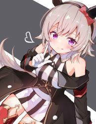 Rule 34 | 1girl, animal ears, blush, closed mouth, collared dress, curren chan (umamusume), dress, gloves, haemori ako, heart, highres, horse ears, horse girl, horse tail, long sleeves, purple eyes, red thighhighs, short hair, silver hair, smile, solo, striped clothes, striped dress, tail, thighhighs, tongue, tongue out, two-tone background, umamusume, vertical-striped clothes, vertical-striped dress, white gloves