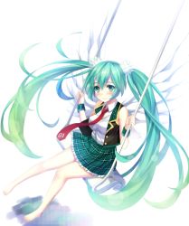 Rule 34 | 1girl, barefoot, blush, full body, green eyes, green hair, hatsune miku, long hair, looking at viewer, matching hair/eyes, necktie, simple background, sitting, smile, solo, swing, swinging, tonee, twintails, very long hair, vocaloid, white background, wings, wrist cuffs