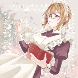 Rule 34 | 1girl, absurdres, alternate costume, apron, bespectacled, black dress, book, breasts, brown hair, dress, earrings, enmaided, floral background, frilled apron, frills, glasses, green eyes, hair between eyes, highres, holding, holding book, idolmaster, idolmaster cinderella girls, jewelry, juliet sleeves, kimura natsuki, kumatsuki (no-kirin), long sleeves, looking at viewer, maid, maid apron, maid headdress, medium breasts, open book, open mouth, puffy sleeves, ribbon, round eyewear, short hair, smile, solo, waist apron, white apron, wrist cuffs