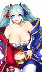 Rule 34 | 1girl, bare shoulders, blue eyes, blue hair, bracelet, breasts, choker, dc comics, earrings, eyeshadow, gradient hair, harley quinn, heterochromia, highres, jacket, jewelry, large breasts, league of legends, makeup, multicolored clothes, multicolored hair, navel, pantyhose, pink hair, red eyes, ring, shorts, simple background, smile, solo, sona (league of legends), spiked bracelet, spikes, suicide squad, thigh gap, twintails, white pantyhose