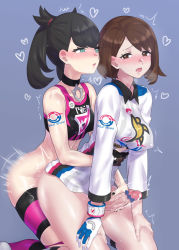 Rule 34 | 2girls, aqua eyes, arm around waist, bare shoulders, black hair, blouse, blue background, blush, bottomless, breasts, brown eyes, brown hair, censored, choker, clothed sex, covered erect nipples, creatures (company), crop top, drooling, from side, futa with futa, futanari, game freak, gloria (pokemon), gloves, handjob, heart, heart-shaped pupils, heart censor, heavy breathing, highres, jersey, leaning forward, looking at another, marnie (pokemon), medium breasts, mizuumi (bb), motion blur, multiple girls, nail polish, nintendo, open mouth, penis, pokemon, pokemon swsh, precum, reach-around, sex, sex from behind, shirt, short hair, shoulder tattoo, simple background, single glove, small breasts, sports bra, striped clothes, striped shirt, sweat, symbol-shaped pupils, tattoo, thighs, torn clothes, torn legwear, vertical-striped clothes, vertical-striped shirt, white gloves, white shirt, wristband