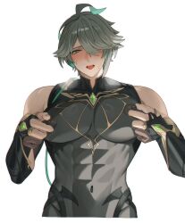 1boy alhaitham_(genshin_impact) alpaitham aqua_eyes aqua_hair armor black_shirt black_sleeves blush fingerless_gloves genshin_impact gloves grey_hair hair_between_eyes hair_over_one_eye highres jewelry male_focus multicolored_hair navel nipples shirt short_hair solo tongue tongue_out white_background