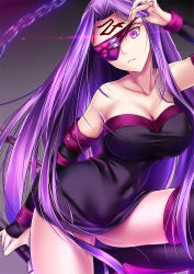 Rule 34 | 1girl, akeyama kitsune, bare shoulders, black detached sleeves, black dress, black thighhighs, blindfold, blindfold lift, boots, breasts, chain, cleavage, detached sleeves, dress, elbow gloves, facial mark, fate/stay night, fate (series), forehead mark, gloves, gradient background, large breasts, lifting own clothes, long hair, looking at viewer, medusa (fate), medusa (rider) (fate), no choker, one eye covered, purple eyes, purple hair, short dress, sleeveless, solo, square pupils, strapless, strapless dress, thigh boots, thighhighs, thighs, type-moon, very long hair