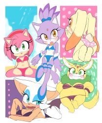 Rule 34 | 5girls, amy rose, animal ears, ass, bat ears, bat wings, bikini, blaze the cat, blue eyes, blush, breasts, brown eyes, cat ears, cat tail, chinchilla ears, chinchilla tail, cleavage, cream the rabbit, eyelashes, eyeshadow, fat, feet, flat chest, forehead jewel, from behind, furry, green eyes, hair ornament, hairband, hedgehog ears, highres, large breasts, looking at viewer, lying, makeup, medium breasts, multiple girls, multiple views, navel, on stomach, open mouth, original, pink hair, purple hair, rabbit ears, rabbit tail, rouge the bat, sega, smile, soles, sonic (series), sonic (series), spread legs, swimsuit, tail, thighs, thunderbolt the chinchilla, tory (tory29), wings, yellow eyes
