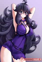 Rule 34 | 1girl, @ @, absurdres, ahoge, arms behind head, arms up, blue dress, blush, breasts, cleavage, cosplay, covered erect nipples, creatures (company), dress, final fantasy, final fantasy vii, final fantasy vii remake, game freak, hex maniac (pokemon), highres, large breasts, long hair, looking at viewer, messy hair, mgx0, nintendo, pokemon, pokemon xy, purple eyes, purple hair, solo, standing, thighs, tifa lockhart, tifa lockhart (cosplay), very long hair, wall market
