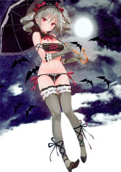 Rule 34 | 10s, 1girl, absurdres, ankle lace-up, arm ribbon, bandeau, bare shoulders, bat (animal), black gloves, black panties, black thighhighs, blush, bow, breasts, bustier, cleavage, cloud, cross-laced footwear, detached collar, drill hair, floral print, from below, full moon, gloves, grey hair, hair bow, hairband, high heels, highres, idolmaster, idolmaster cinderella girls, kanzaki ranko, lolita hairband, long hair, looking at viewer, moon, mx2j, navel, night, night sky, panties, red eyes, ribbon, scan, side-tie panties, sky, smile, solo, star (sky), starry sky, strapless, thigh gap, thighhighs, tube top, twin drills, twintails, umbrella, underwear
