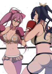 Rule 34 | 2girls, ahoge, ass, back, battle, bike shorts, bikini, bikini top only, black hair, blood, bow, boxing, boxing angel, boxing gloves, boxing ring, breasts, bruise, butt crack, character request, cleavage, clenched teeth, colored eyelashes, cowboy shot, eye contact, female focus, fighting, fighting stance, green eyes, groin, hair between eyes, hair bow, hair ribbon, high ponytail, injury, large breasts, legs apart, long hair, looking at another, microskirt, midriff, miniskirt, multiple girls, navel, nosebleed, parted bangs, parted lips, pink hair, plaid, pleated skirt, ponytail, profile, purple hair, red eyes, ribbon, rope, shorts, sideboob, sidelocks, simple background, skirt, sports bra, sportswear, standing, stomach, sweat, swimsuit, teeth, thighs, tobisawa, twintails, very long hair, white background