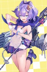 Rule 34 | 1girl, :d, anchor, armpits, azur lane, blue eyes, bracelet, cannon, chain, commentary request, crown, gloves, hair ornament, hairclip, javelin, javelin (azur lane), jewelry, long hair, looking at viewer, mini crown, open mouth, plaid, plaid skirt, ponytail, purple hair, rigging, single glove, skirt, smile, solo, turret, u jie, white gloves, yellow background